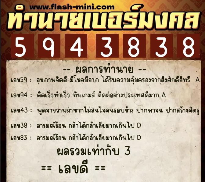 ทำนายเบอร์มงคล 0XX-5943838  ทำนายเบอร์มงคล หมายเลข 088-594383 