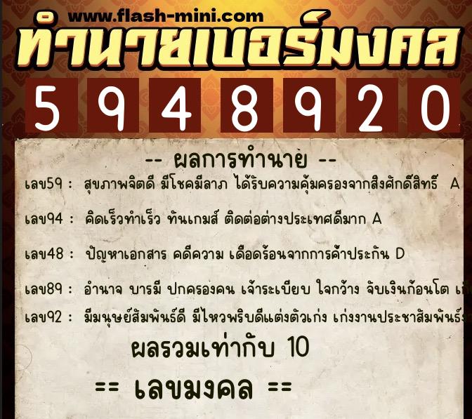 ทำนายเบอร์มงคล 0XX-5948920  ทำนายเบอร์มงคล หมายเลข 096-594892 