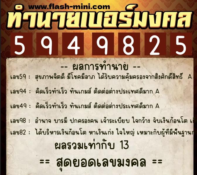 ทำนายเบอร์มงคล 0XX-5949825  ทำนายเบอร์มงคล หมายเลข 067-594982 