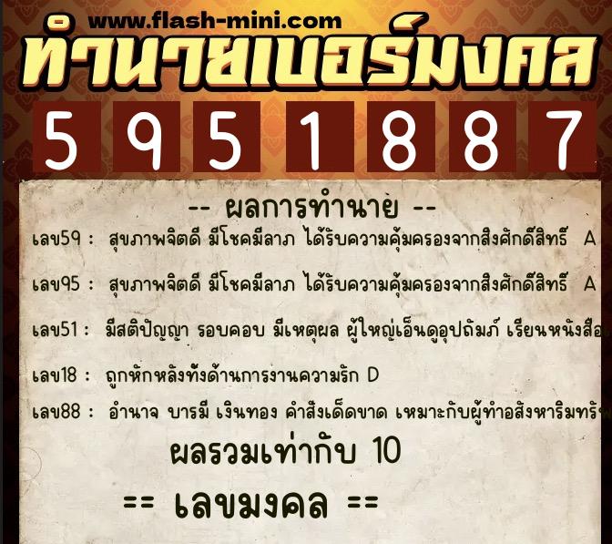 ทำนายเบอร์มงคล 0XX-5951887  ทำนายเบอร์มงคล หมายเลข 099-595188 