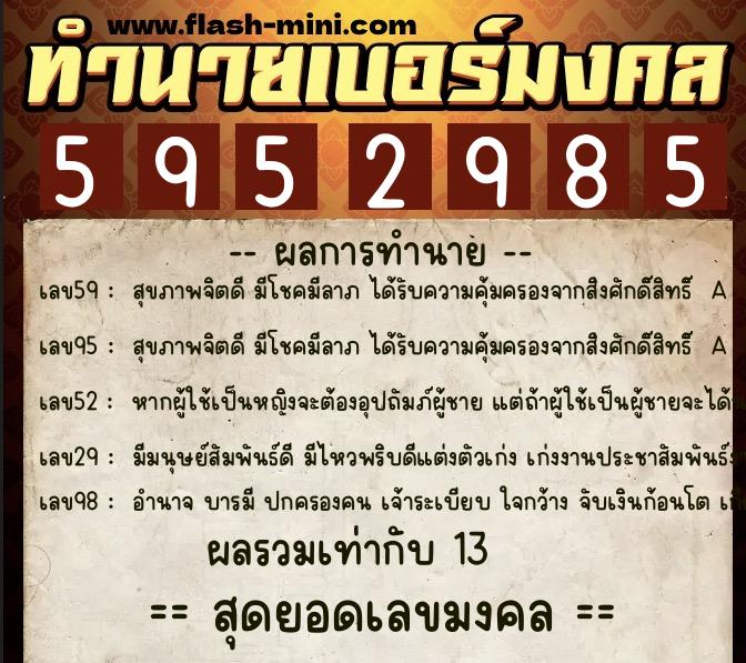 ทำนายเบอร์มงคล 0XX-5952985  ทำนายเบอร์มงคล หมายเลข 090-595298 