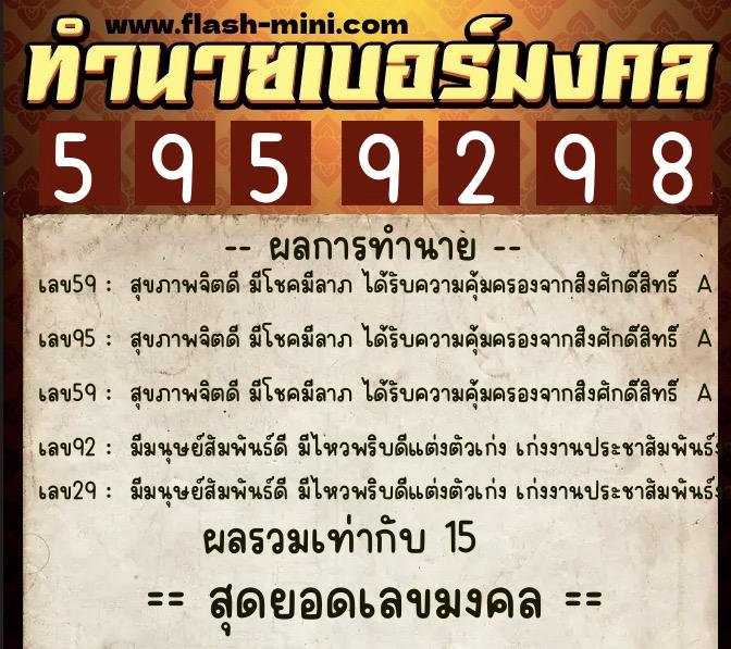 ทำนายเบอร์มงคล 0XX-5959298  ทำนายเบอร์มงคล หมายเลข 095-595929 