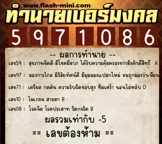 ทำนายเบอร์มงคล 0XX-5971086  ทำนายเบอร์มงคล หมายเลข 067-597108 