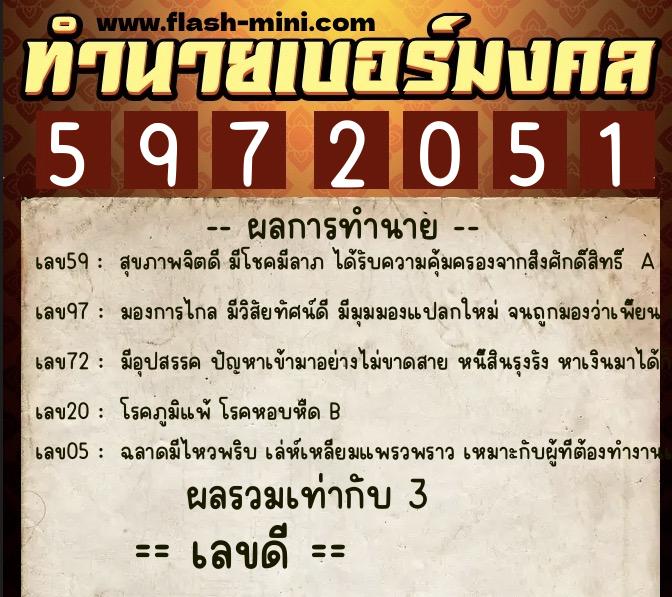 ทำนายเบอร์มงคล 0XX-5972051  ทำนายเบอร์มงคล หมายเลข 098-597205 