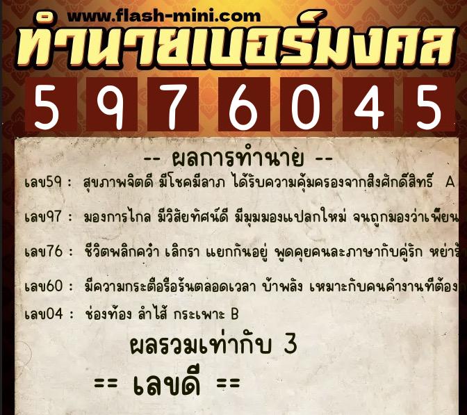 ทำนายเบอร์มงคล 0XX-5976045  ทำนายเบอร์มงคล หมายเลข 088-597604 