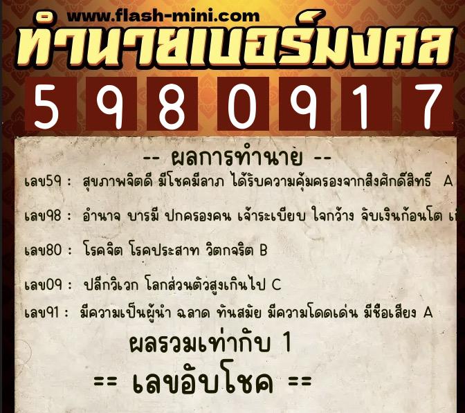ทำนายเบอร์มงคล 0XX-5980917 ทำนายเบอร์มงคล หมายเลข 061-598091 ทำนายเบอร์มงคล 0XX-5980917 ทำนายเบอร์มงคล หมายเลข 061-598091