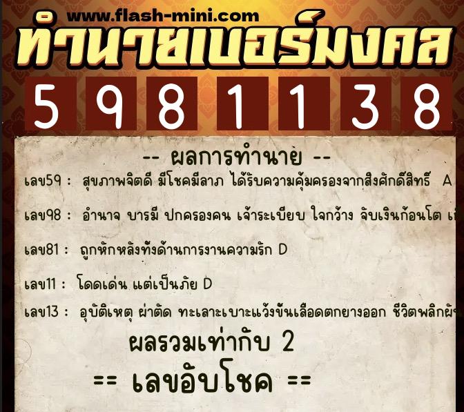 ทำนายเบอร์มงคล 0XX-5981138 ทำนายเบอร์มงคล หมายเลข 082-598113 ทำนายเบอร์มงคล 0XX-5981138 ทำนายเบอร์มงคล หมายเลข 082-598113