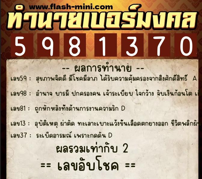 ทำนายเบอร์มงคล 0XX-5981370 ทำนายเบอร์มงคล หมายเลข 060-598137 ทำนายเบอร์มงคล 0XX-5981370 ทำนายเบอร์มงคล หมายเลข 060-598137