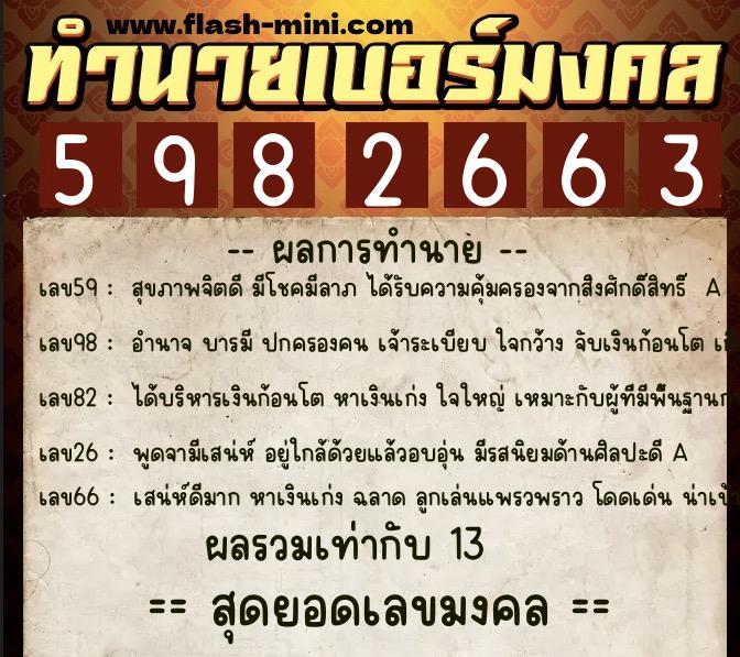 ทำนายเบอร์มงคล 0XX-5982663  ทำนายเบอร์มงคล หมายเลข 080-598266 