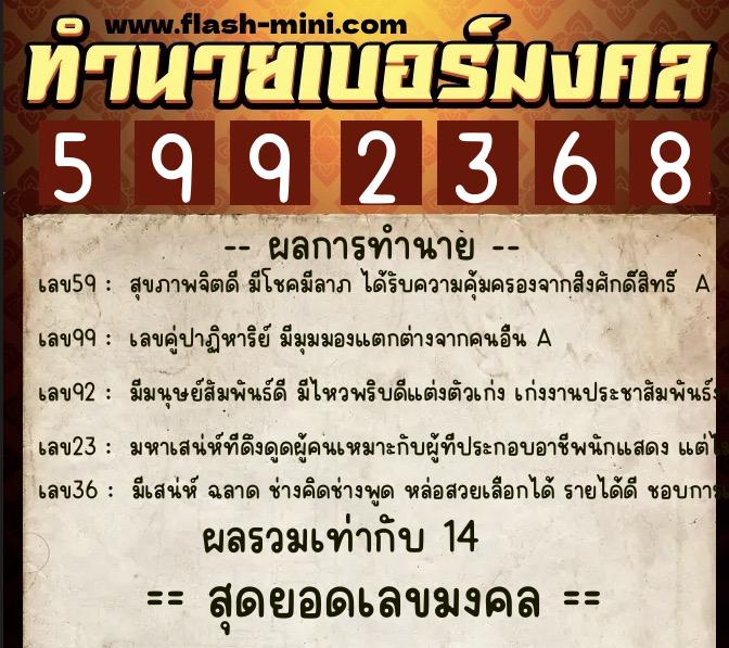 ทำนายเบอร์มงคล 0XX-5992368  ทำนายเบอร์มงคล หมายเลข 099-599236 