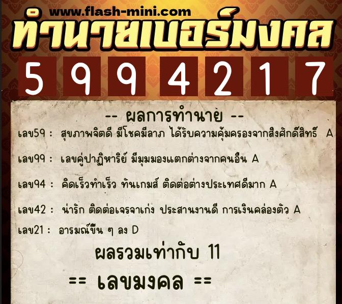 ทำนายเบอร์มงคล 0XX-5994217  ทำนายเบอร์มงคล หมายเลข 064-599421 
