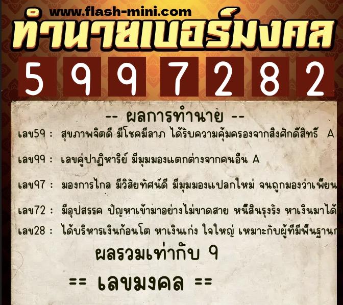 ทำนายเบอร์มงคล 0XX-5997282  ทำนายเบอร์มงคล หมายเลข 060-599728 