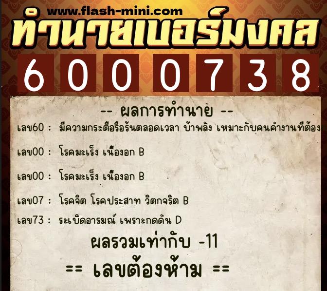 ทำนายเบอร์มงคล 0XX-6000738  ทำนายเบอร์มงคล หมายเลข 067-600073 