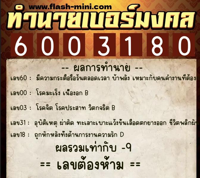 ทำนายเบอร์มงคล 0XX-6003180  ทำนายเบอร์มงคล หมายเลข 088-600318 