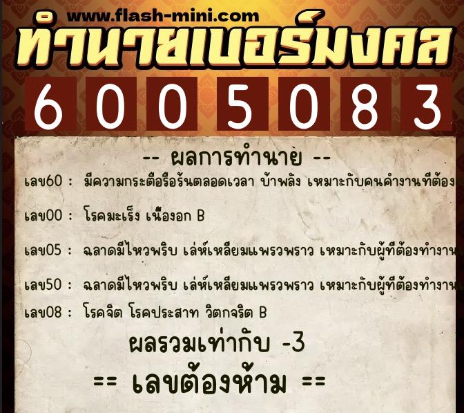 ทำนายเบอร์มงคล 0XX-6005083  ทำนายเบอร์มงคล หมายเลข 061-600508 