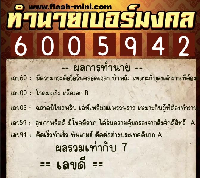 ทำนายเบอร์มงคล 0XX-6005942  ทำนายเบอร์มงคล หมายเลข 060-600594 