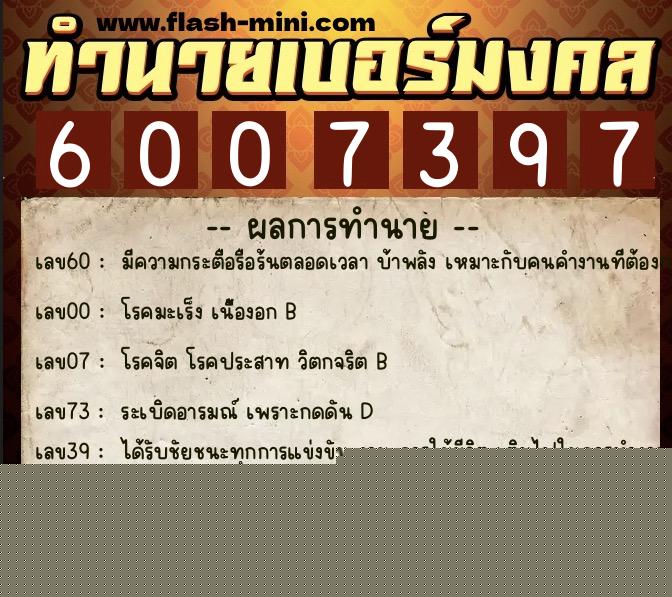 ทำนายเบอร์มงคล 0XX-6007397 ทำนายเบอร์มงคล หมายเลข 083-600739 ทำนายเบอร์มงคล 0XX-6007397 ทำนายเบอร์มงคล หมายเลข 083-600739