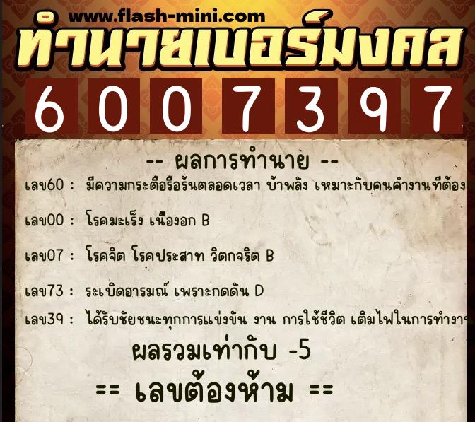 ทำนายเบอร์มงคล 0XX-6007397  ทำนายเบอร์มงคล หมายเลข 085-600739 