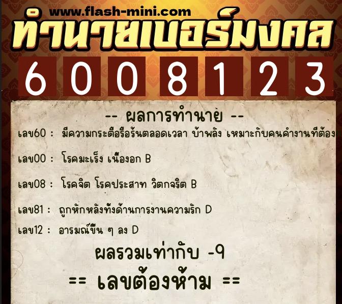 ทำนายเบอร์มงคล 0XX-6008123  ทำนายเบอร์มงคล หมายเลข 095-600812 