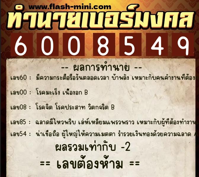 ทำนายเบอร์มงคล 0XX-6008549  ทำนายเบอร์มงคล หมายเลข 067-600854 