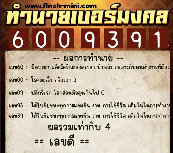 ทำนายเบอร์มงคล 0XX-6009391  ทำนายเบอร์มงคล หมายเลข 084-600939 