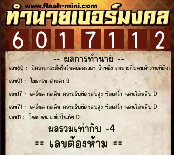 ทำนายเบอร์มงคล 0XX-6017112  ทำนายเบอร์มงคล หมายเลข 095-601711 