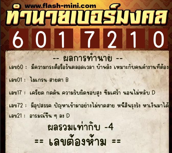 ทำนายเบอร์มงคล 0XX-6017210  ทำนายเบอร์มงคล หมายเลข 061-601721 