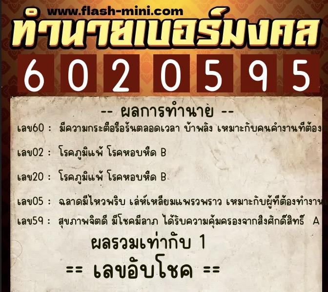 ทำนายเบอร์มงคล 0XX-6020595  ทำนายเบอร์มงคล หมายเลข 085-602059 