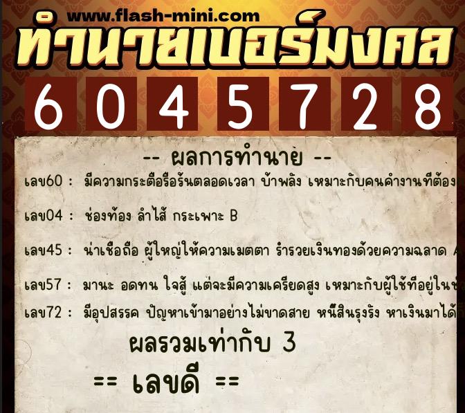 ทำนายเบอร์มงคล 0XX-6045728  ทำนายเบอร์มงคล หมายเลข 090-604572 