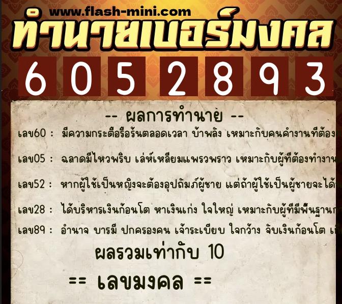 ทำนายเบอร์มงคล 0XX-6052893  ทำนายเบอร์มงคล หมายเลข 061-605289 