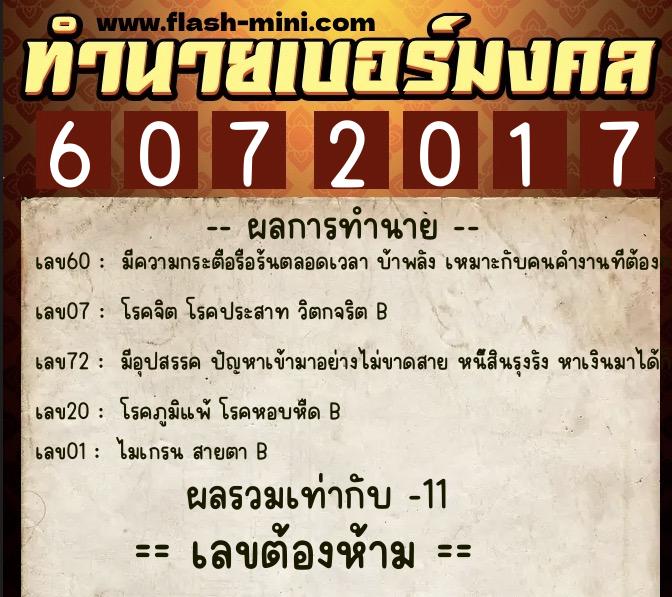 ทำนายเบอร์มงคล 0XX-6072017  ทำนายเบอร์มงคล หมายเลข 084-607201 