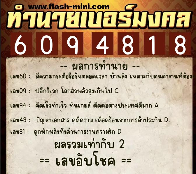 ทำนายเบอร์มงคล 0XX-6094818  ทำนายเบอร์มงคล หมายเลข 096-609481 