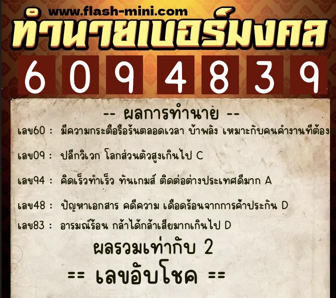 ทำนายเบอร์มงคล 0XX-6094839  ทำนายเบอร์มงคล หมายเลข 084-609483 