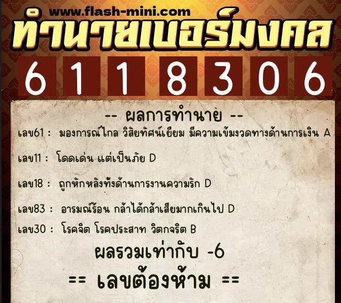ทำนายเบอร์มงคล 0XX-6118306  ทำนายเบอร์มงคล หมายเลข 089-611830 