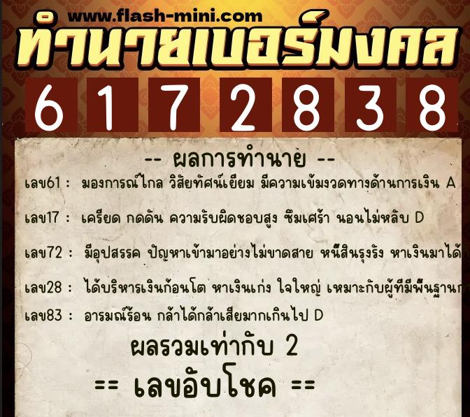 ทำนายเบอร์มงคล 0XX-6172838  ทำนายเบอร์มงคล หมายเลข 066-617283 