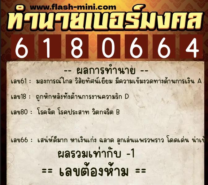 ทำนายเบอร์มงคล 0XX-6180664  ทำนายเบอร์มงคล หมายเลข 080-618066 