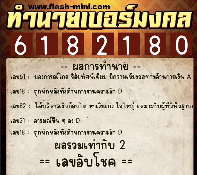 ทำนายเบอร์มงคล 0XX-6182180  ทำนายเบอร์มงคล หมายเลข 084-618218 