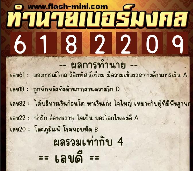 ทำนายเบอร์มงคล 0XX-6182209  ทำนายเบอร์มงคล หมายเลข 060-618220 