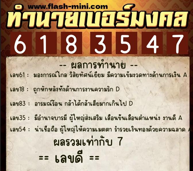 ทำนายเบอร์มงคล 0XX-6183547  ทำนายเบอร์มงคล หมายเลข 088-618354 