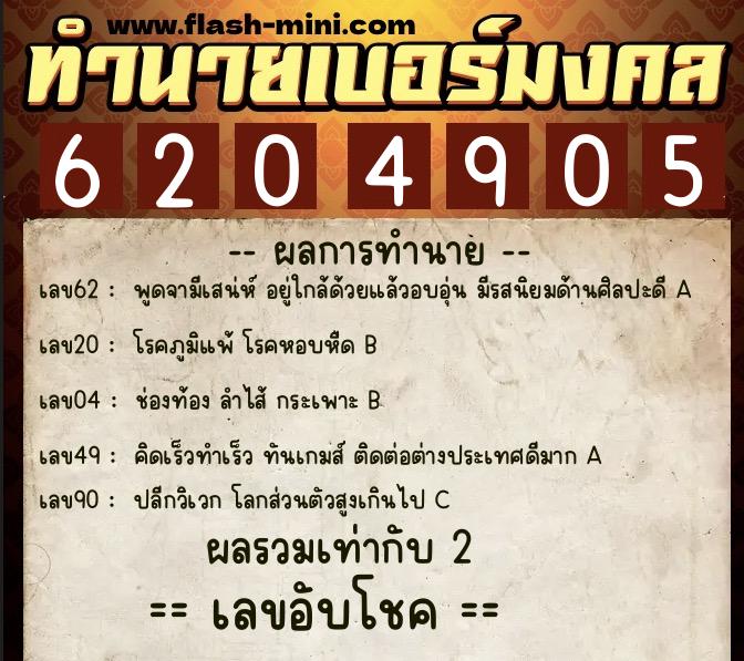 ทำนายเบอร์มงคล 0XX-6204905  ทำนายเบอร์มงคล หมายเลข 080-620490 