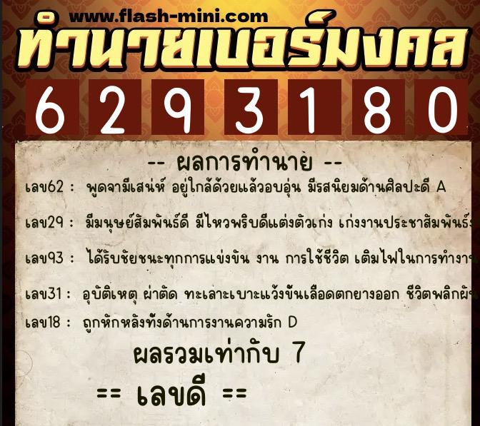 ทำนายเบอร์มงคล 0XX-6293180  ทำนายเบอร์มงคล หมายเลข 093-629318 