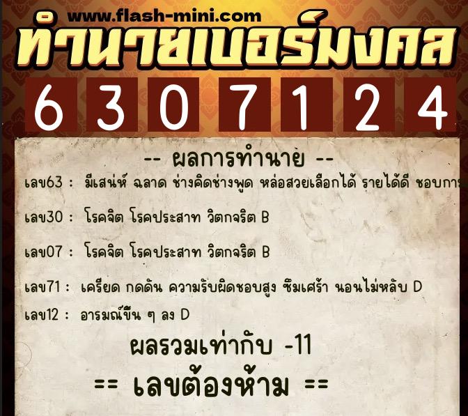 ทำนายเบอร์มงคล 0XX-6307124  ทำนายเบอร์มงคล หมายเลข 080-630712 