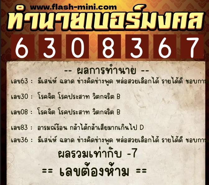ทำนายเบอร์มงคล 0XX-6308367  ทำนายเบอร์มงคล หมายเลข 082-630836 