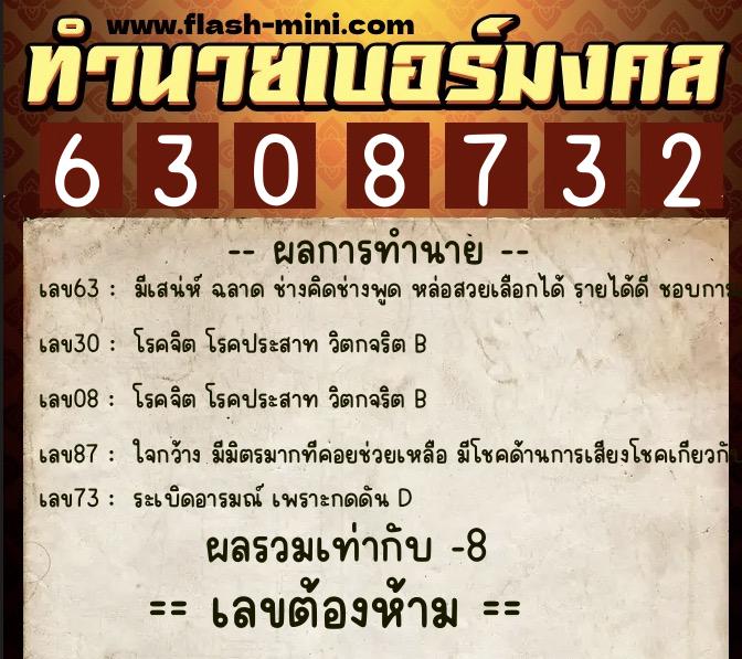ทำนายเบอร์มงคล 0XX-6308732  ทำนายเบอร์มงคล หมายเลข 090-630873 