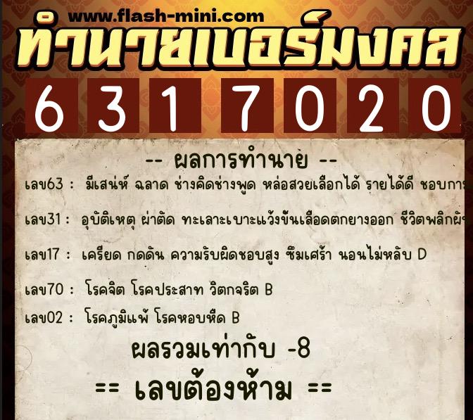 ทำนายเบอร์มงคล 0XX-6317020 ทำนายเบอร์มงคล หมายเลข 099-631702 ทำนายเบอร์มงคล 0XX-6317020 ทำนายเบอร์มงคล หมายเลข 099-631702