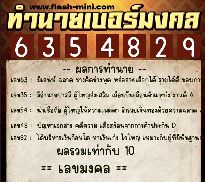 ทำนายเบอร์มงคล 0XX-6354829  ทำนายเบอร์มงคล หมายเลข 060-635482 