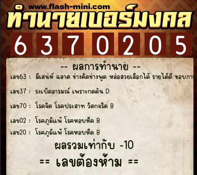 ทำนายเบอร์มงคล 0XX-6370205  ทำนายเบอร์มงคล หมายเลข 093-637020 