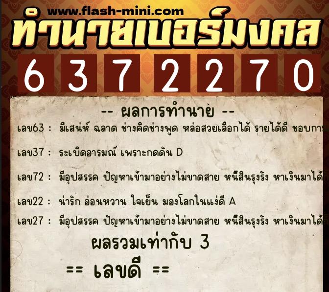 ทำนายเบอร์มงคล 0XX-6372270  ทำนายเบอร์มงคล หมายเลข 099-637227 