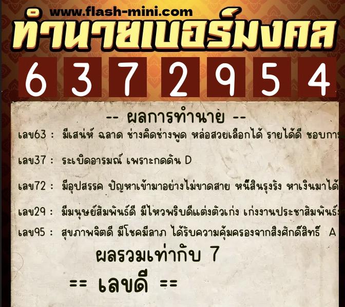 ทำนายเบอร์มงคล 0XX-6372954  ทำนายเบอร์มงคล หมายเลข 067-637295 