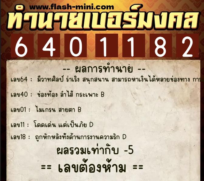 ทำนายเบอร์มงคล 0XX-6401182  ทำนายเบอร์มงคล หมายเลข 086-640118 